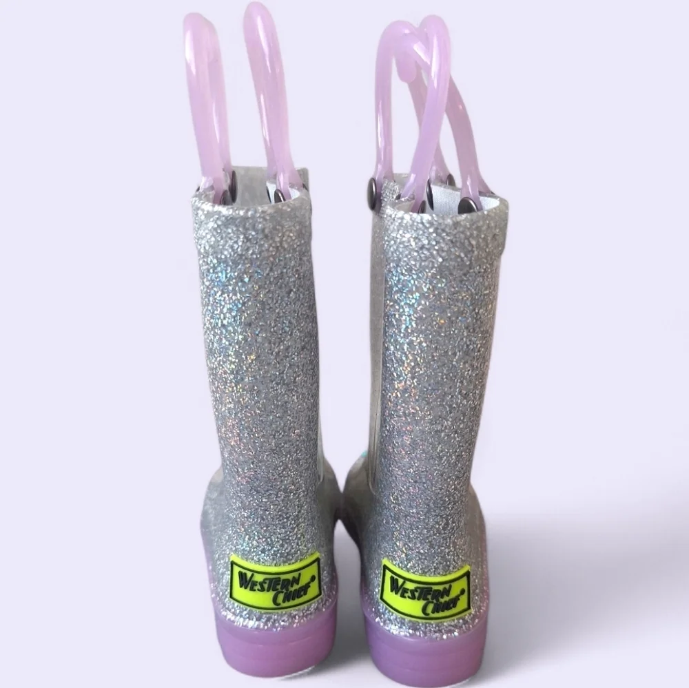 Western Chief Abby Glitter Lighted Silver Rain Boots Size 5